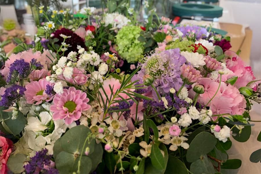 Bunte Sommerblumen in Rosa, Lila und Grün